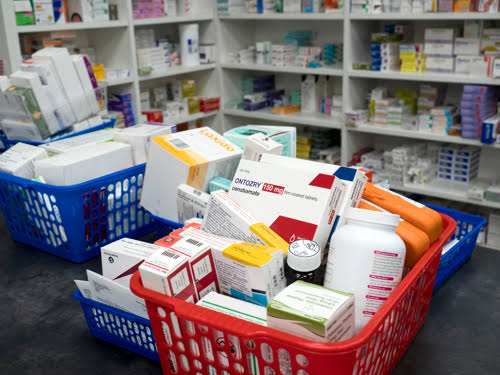 Shelved pharmaceutical stock prepared for healthcare supply